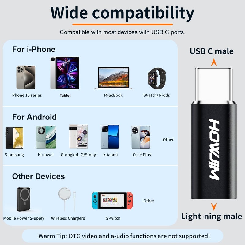 HOWJIM Light-ning to USB C Adapter 2Pack,PD27W/66W Fast Charging 480Mbps Data Transfer,Type C Charger Converter Cable for Phone 17/16/15,Pad Pro,G-alaxy,Not for Headphones/OTG/Flash Drive/A-pple Pencil Black - Image 4